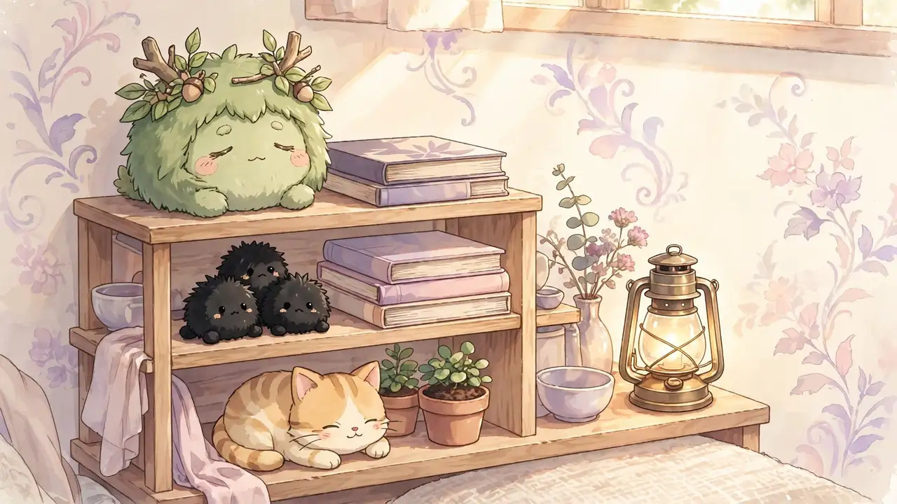 Studio Ghibli merch guide illustration of a cozy collector shelf with plushies and books on cream background