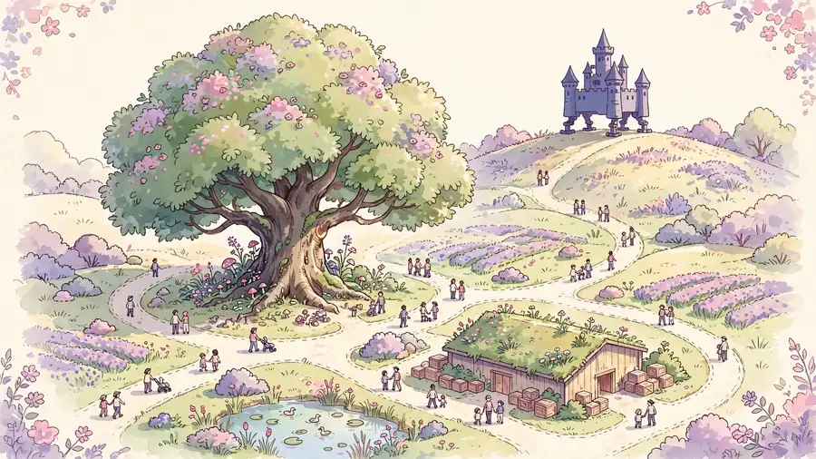 Studio Ghibli theme park guide illustration of a whimsical park map on cream background