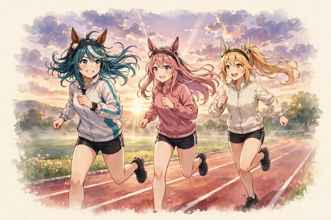 umamusume anime watch order guide illustration of racers on a track at dawn on cream