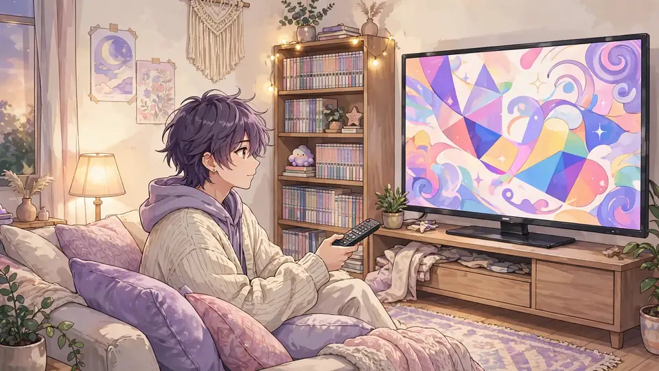 What anime should I watch quiz illustration of a fan choosing anime on TV in a cozy cream living room
