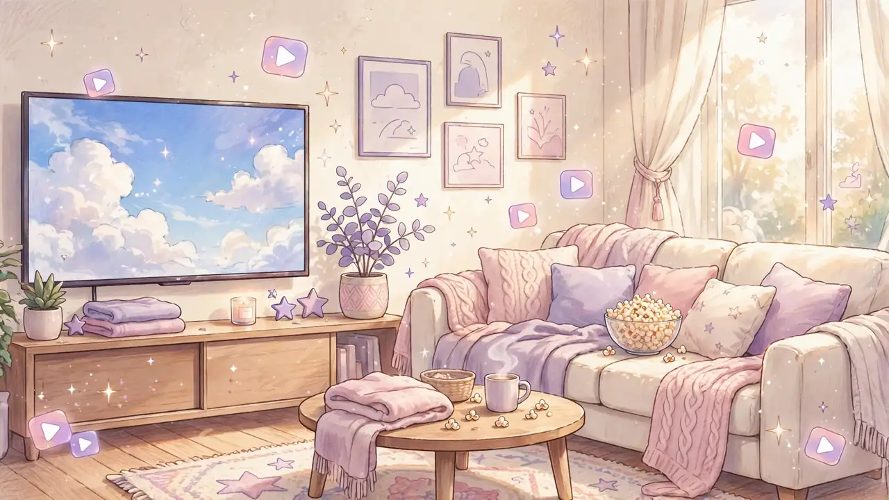 Where to watch Studio Ghibli movies guide illustration of a cozy streaming setup on cream background