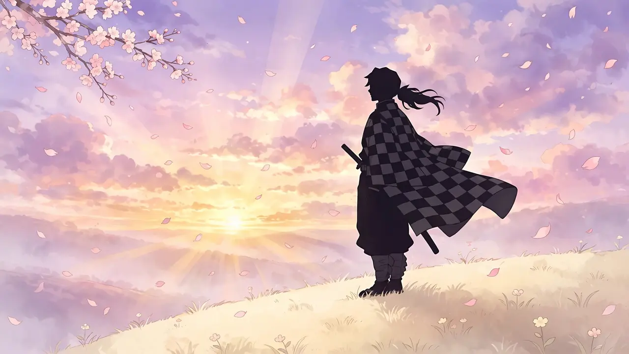 Which Demon Slayer character are you quiz illustration with an original anime swordsman at sunrise