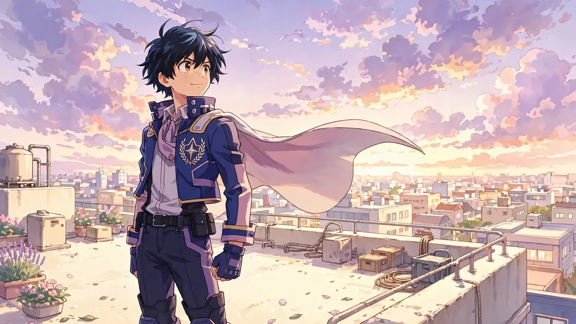 Which MHA character are you quiz art with an original anime hero on a rooftop